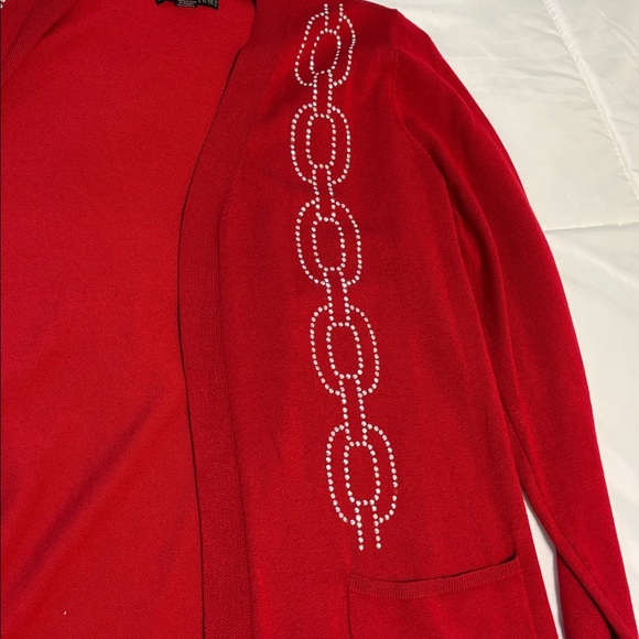 80 Park Red Open-Front Cardigan with Rhinestone Chain Motif - Picture 5 of 6